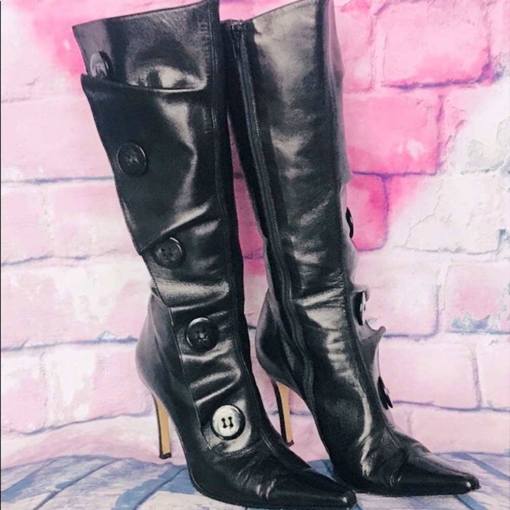 Andrew Stevens leather Boots Made in ITALY Romantic Ruffle Edge side Buttons - Picture 2 of 5